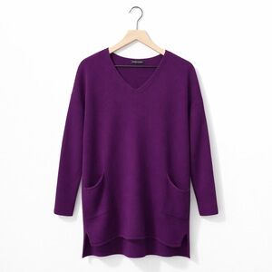 Eileen Fisher Deep Purple 100% Cashmere V-Neck Sweater with Pockets (104)